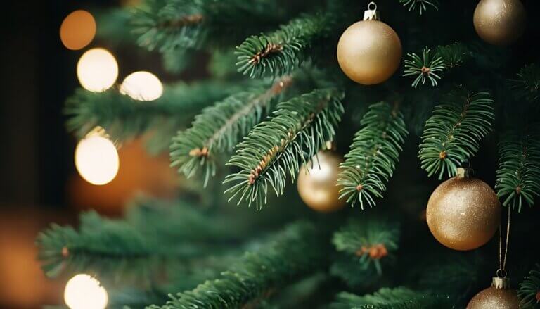 A christmas tree with gold decorations.