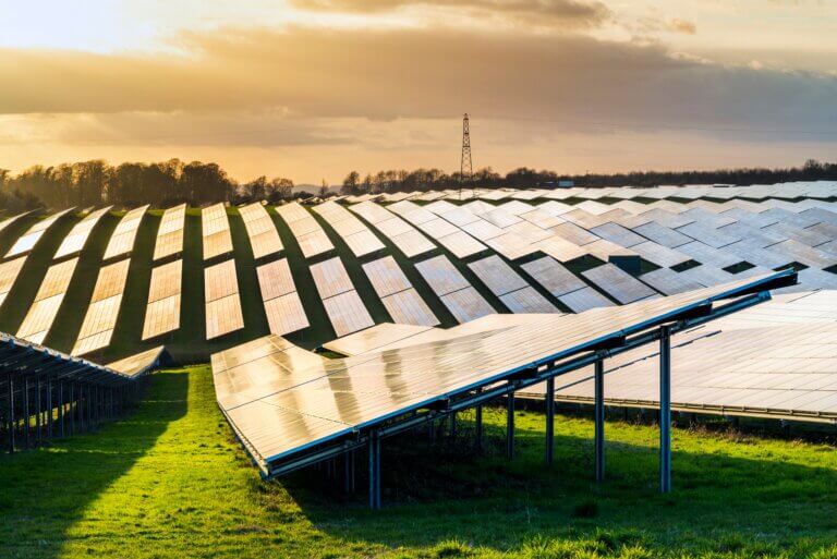 A field of solar panels with an orange sunset behind.